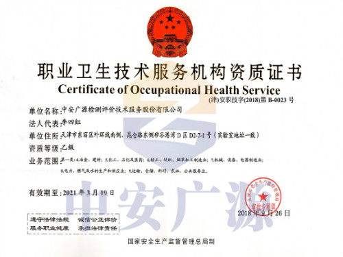 职业卫生技术服务机构乙级资质证书